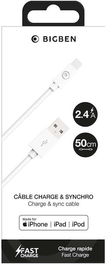 Bigben Connected USB-A Lightning Кабел 50см 2.4A Бял