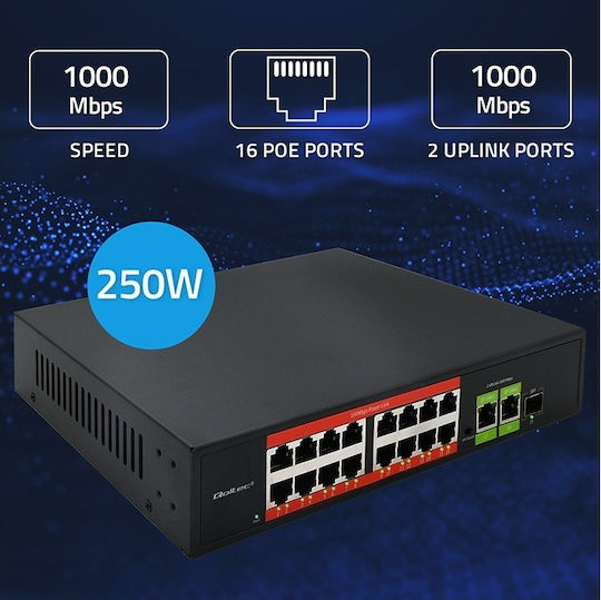 Qoltec 52291 L2 PoE Switch with 16 Ethernet Ports and 1 SFP Port
