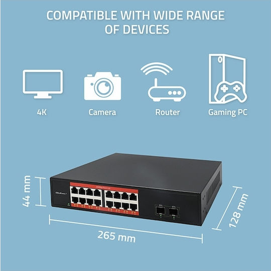 Qoltec 52364 Unmanaged L2 Switch with 16 Gigabit (1Gbps) Ethernet Ports and 2 SFP Ports