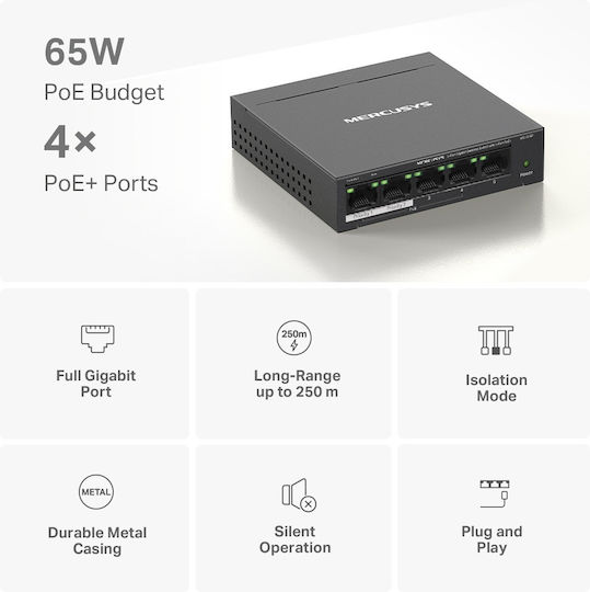 Mercusys MS105GP v3 Comutator Negestionat L2 PoE+ cu 5 Porturi Gigabit (1Gbps) Ethernet