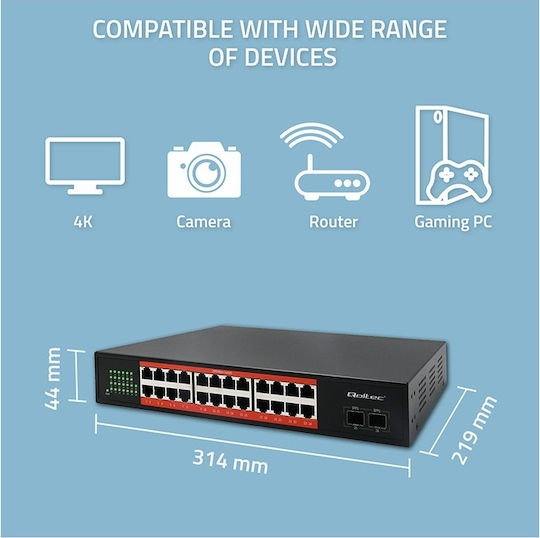 Qoltec 52365 L2 PoE Switch mit 24 Gigabit (1Gbps) Ethernet-Ebene Ports