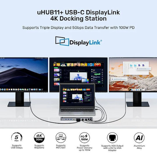 Unitek uHUB11+ USB-C Docking Station με HDMI 4K PD Ethernet και σύνδεση 3 Οθονών Γκρι