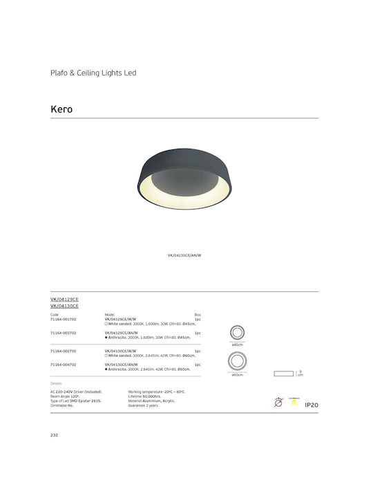 VK Lighting Πλαφονιέρα Οροφής 45.5εκ. Λευκή με Ενσωματωμένο LED