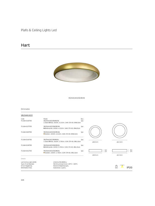 VK Lighting Πλαφονιέρα Οροφής 46εκ. Λευκή με Ενσωματωμένο LED