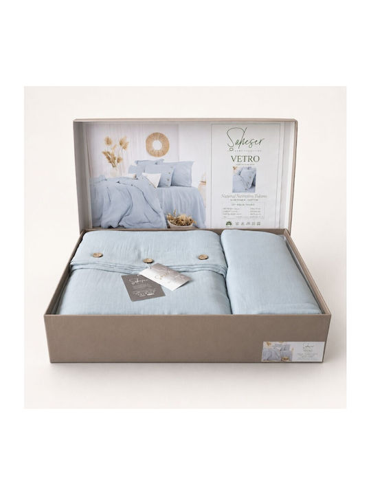 Şaheser Set Huse Pentru Pilote 100% Bumbac 200x220cm Dublă Cu 4 Fețe De Pernă & 1 Cearșaf Albastru Deschis