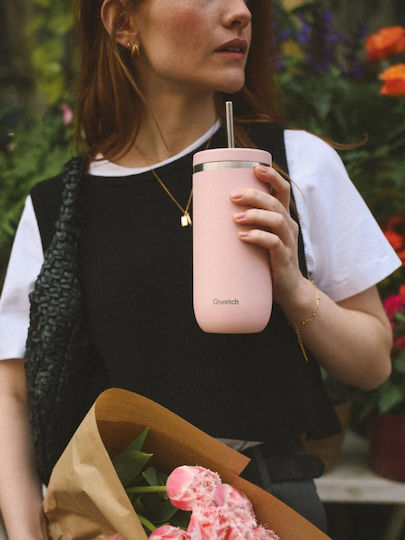 Qwetch Thermos Bottle Stainless Steel 470ml Qwetch Pink with Straw
