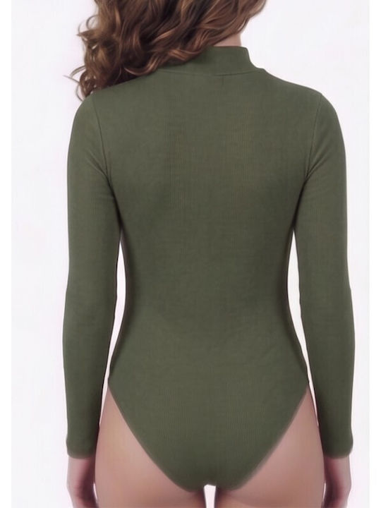 Women's Bodysuit Long Sleeve Turtleneck Khaki 1113x