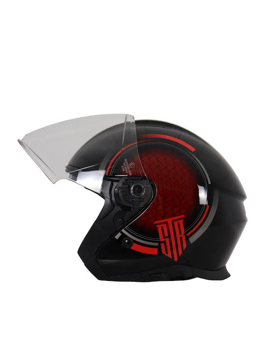 STR Avio Black Red Motorcycle Helmet Jet ECE 22.06 with Sun Visor