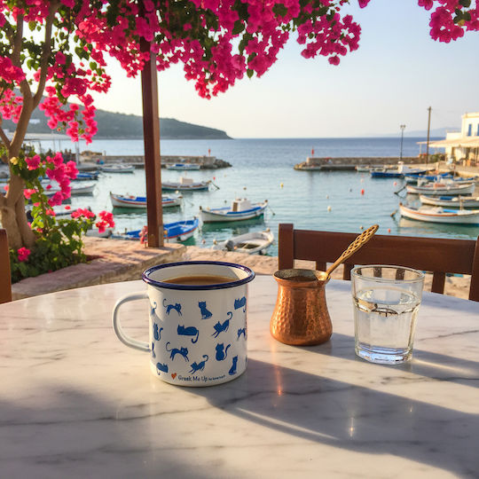 Greek Me Up Blue Cats Enamel White Mug 360ml