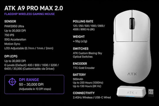 ATK A9 Pro Max Ασύρματο Gaming Ποντίκι 26000 DPI Μαύρο