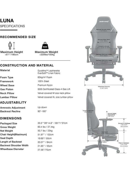 Anda Seat Luna Pro Gaming Chair in Artificial Leather with Adjustable Arms and Footstool Black