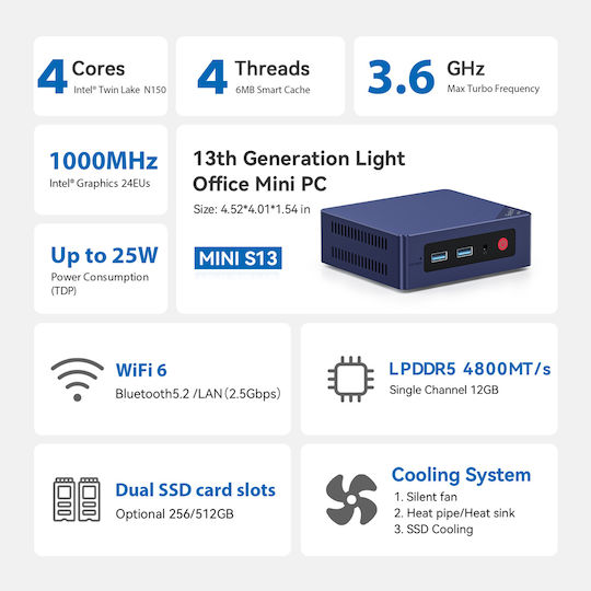 Beelink S13 Мини компютър (N-Series N150/12GB DDR5/512GB SSD/W11 Pro)