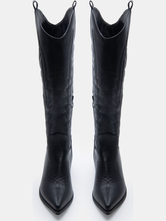 Wildleder Damenstiefel Cowboy mit mittlerem Absatz Schwarz