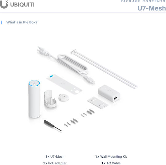 Ubiquiti UniFi U7 Access Point Wi-Fi 7 Dual Band (2.4 & 5GHz) Single Kit