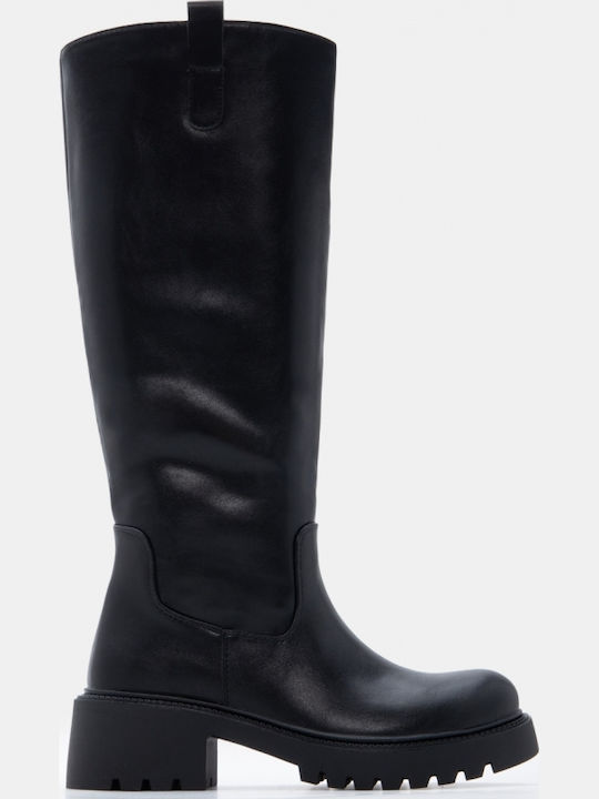 Wildleder Damenstiefel mit mittlerem Absatz Schwarz