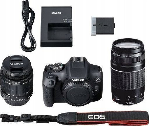 Canon DSLR Camera EOS 2000D Crop Frame Kit (EF-S 18-55mm F4-5.6 DC III + EF-S 75-300mm F4-5.6 DC III) Black