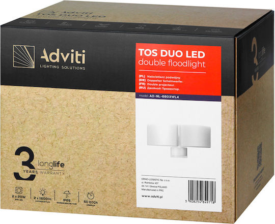 Adviti Waterproof LED Flood Light 20W Natural White 4000K IP65