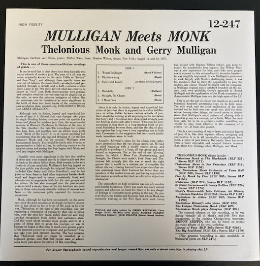 Thelonious Monk Gerry Mulligan Mulligan Meets Monk Vinyl