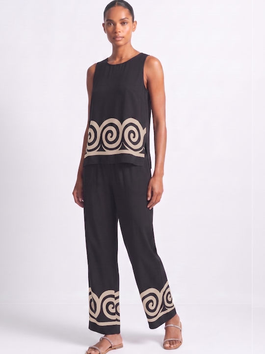 Damen Sommer Leinen Ärmellose Bluse Schwarz