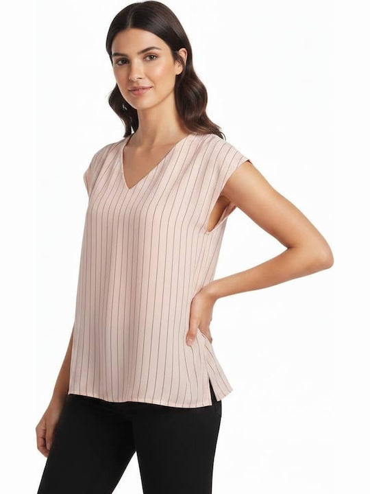 Women's Blouse with V-Neck Striped Pink