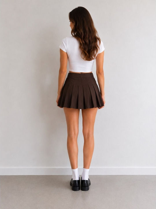 Pleated High Waist Mini Skirt Brown