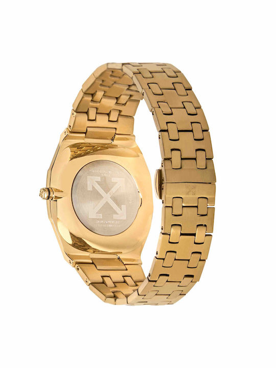 Off White Herrenuhr Batterie mit Gold Metall-Armband Off White Herrenuhr Batterie mit Gold Metall-Armband