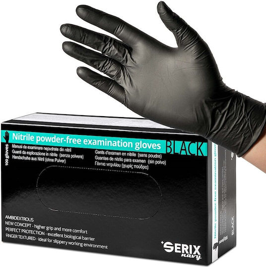 Serix Ръкавици Нитрил Без Прах в Черен Цвят 100 Бройки