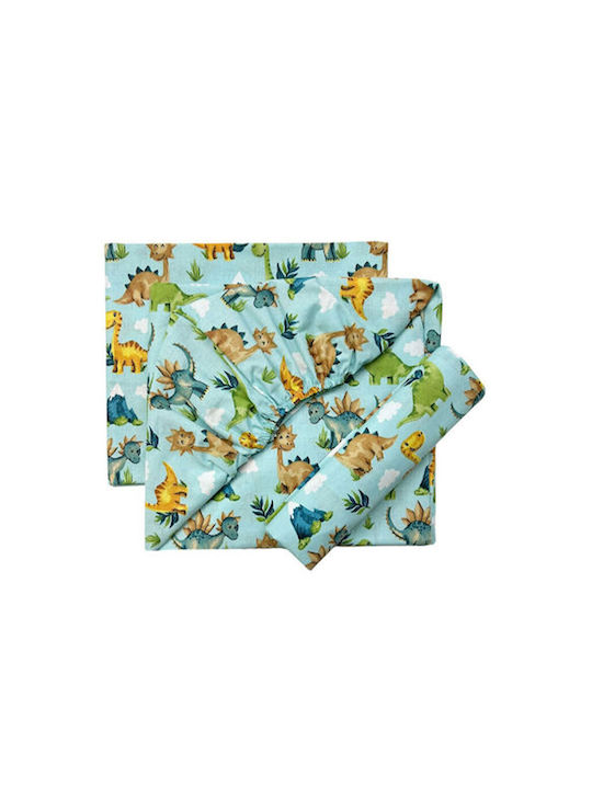 Bunny Bebe Set Baby Crib Cotton Fitted Sheets Dino Turquoise 70x140cm 3 Pieces