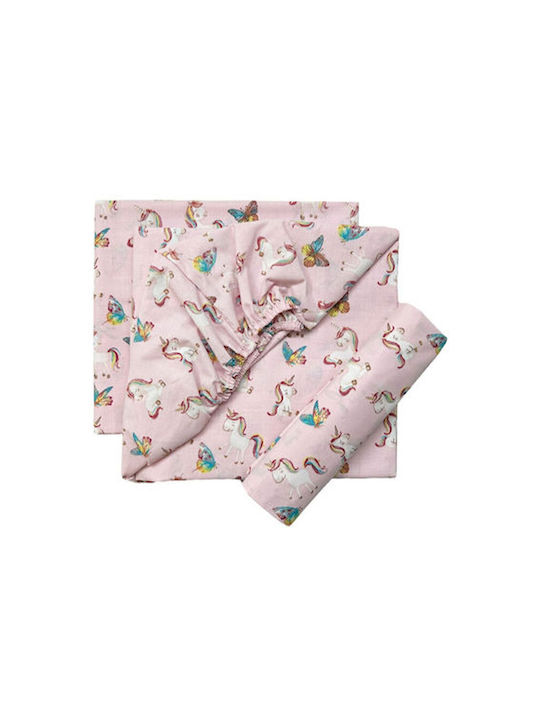 Bunny Bebe Set Lenjerii De Patut Bebe Pentru Patut Din Bumbac Cu Cauciuc Unicorn Roz 70x140cm 3 Bucăți