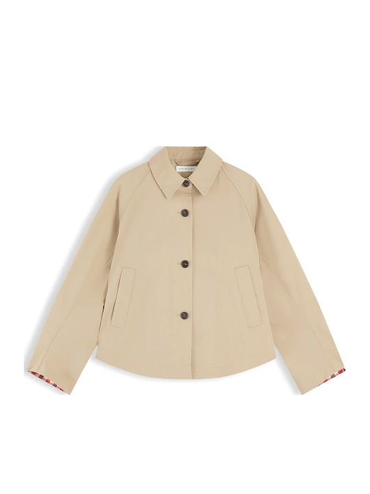 Women's Checked Beige Half Coat with Buttons