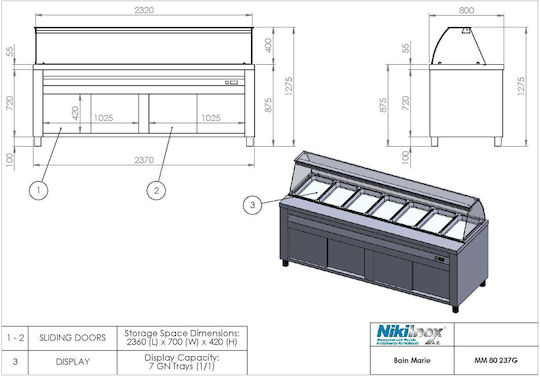 Niki Inox Beheizte Ausstellungsvitrine Ben Mari mit 7 Plätzen für Gastronomen und Leistung 4000W B237 x T80 x H129 cm