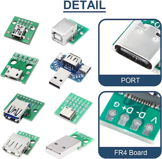 Kit Adaptor Daokai Usb la Dip 8 Piese Usb Type-C Usb Type-B Usb 2.0 Usb 3.0 Micro Usb Mini Usb Convertor 4 în 1 Conectori Pin 2.54 Mm Arduino Diy Prototipare