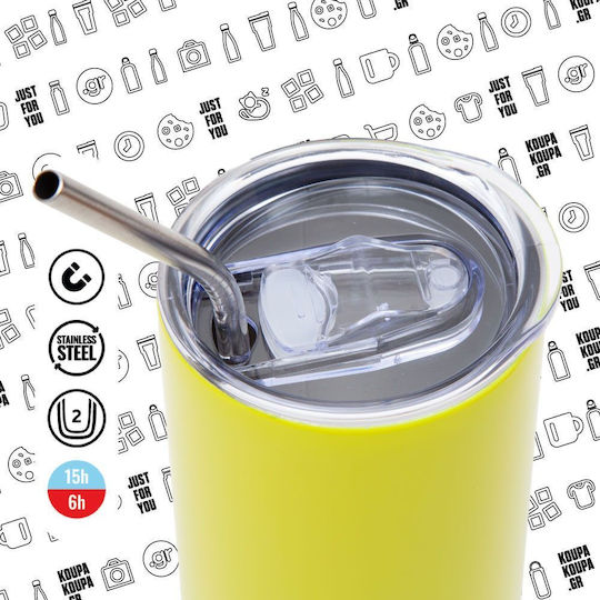 Koupakoupa Forky Thermos Stainless Steel BPA Free 600ml Neon Yellow with Straw and Handle
