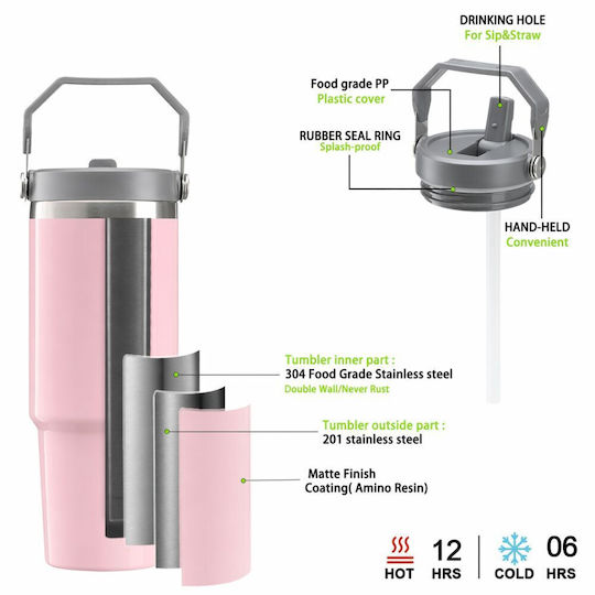 Koupakoupa Stainless Steel Thermos Bottle 890ml Pink with Straw and Handle