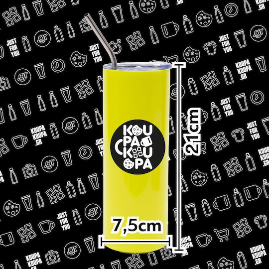 Koupakoupa Catzilla Thermos Stainless Steel BPA Free 600ml Neon Yellow with Straw and Handle