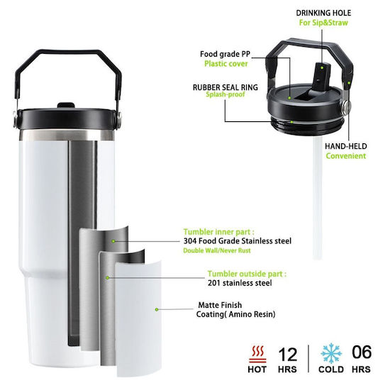 Koupakoupa Stainless Steel Thermos Bottle 890ml Stainless Steel with Straw
