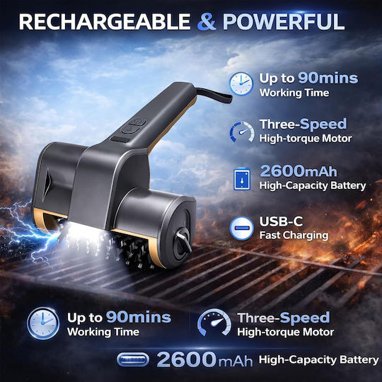 Perie de Curățare pentru Grătar Electrică 3 Viteze 3 Capete de Perie Detașabile Motor Puternic Durată de Viață a Bateriei Până la 150 de Minute Rezistentă la Apă IPX4 Perii din Oțel Inoxidabil 304 Compatibilă cu Grătare pe Gaz Cărbune Fontă Ceramică