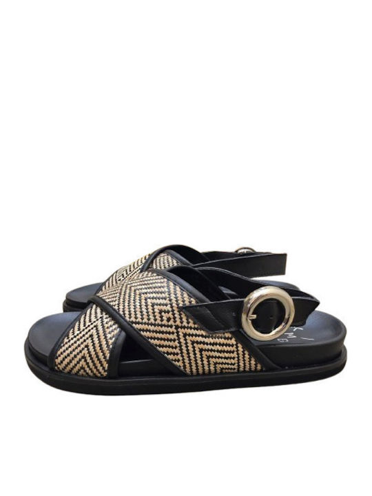 Leder Flache Sandalen für Damen Schwarz