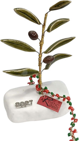 Kalliopi Silver Handmade Tabletop New Year's Lucky Charm Olive Branch Green Ceramic 2027 8x15cm
