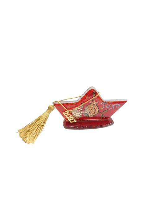 Kalliopi Silver Handmade Tabletop New Year's Lucky Charm Red Glass Boat 2027 6x11cm