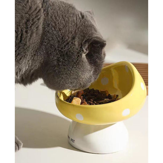 Animal Ceramic Food & Water Bowl for Dog & Cat with Stand 200ml 14.5cm in Yellow Color