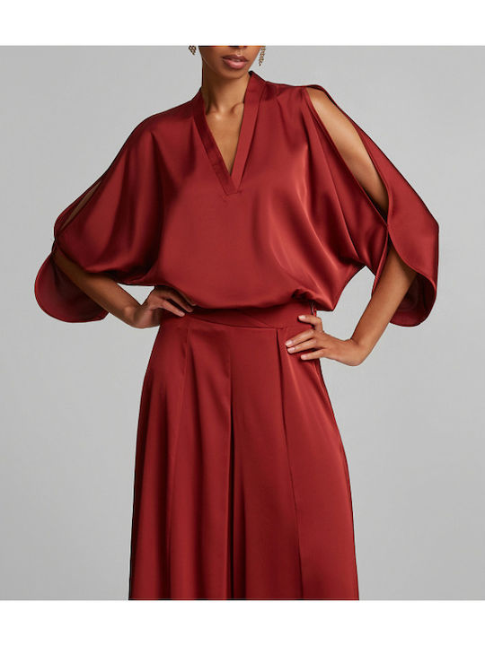 Women's Dark Red Set with High Waisted Trousers