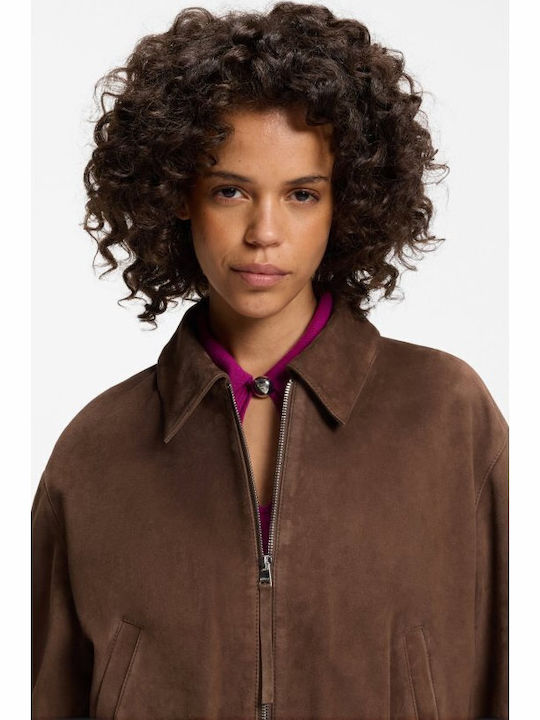 Women's Leather Jacket for Winter Brown