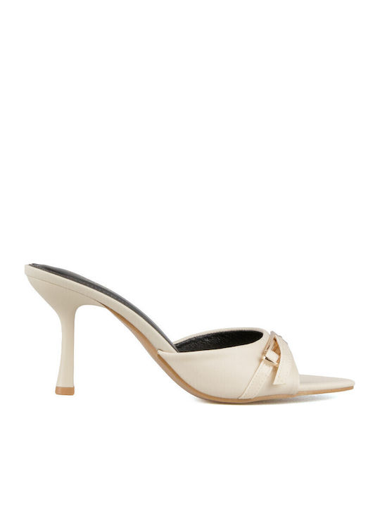 Satin Mules With High Heel In Beige Colour