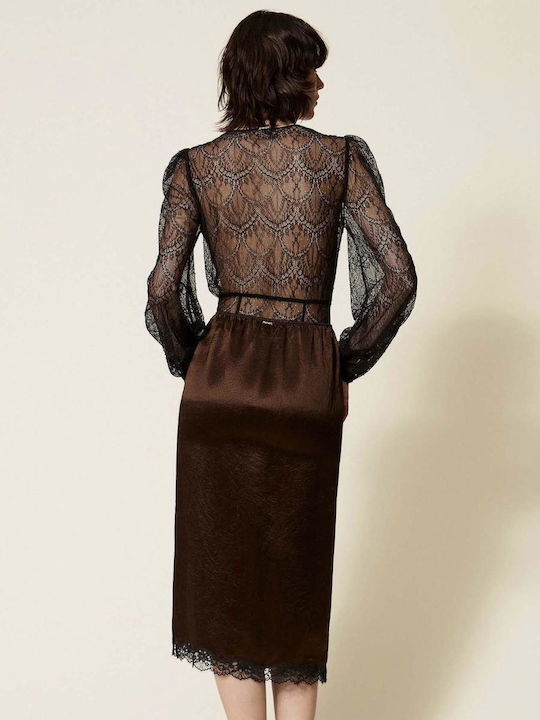 Satin Midi Skirt Brown