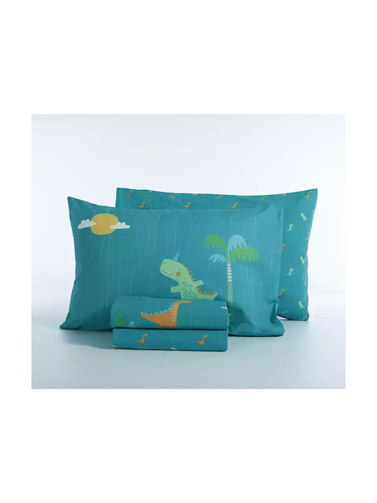 Nef-Nef Homeware Sheet Set Single Cotton Dinos On Wheels Blue 170x260cm 3pcs