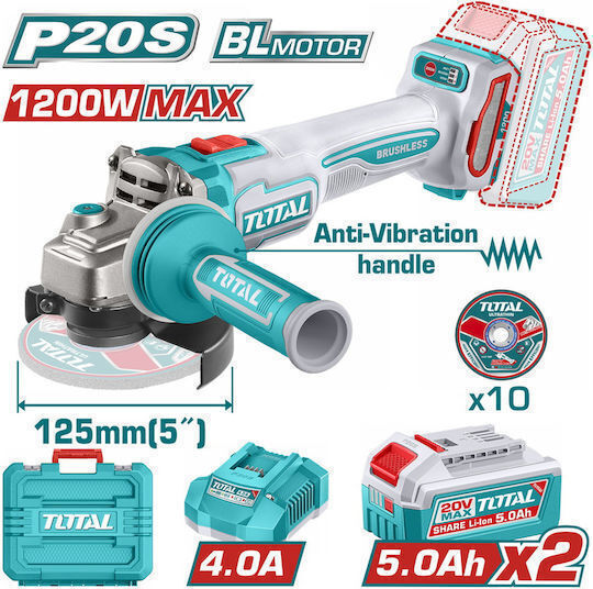 Total TAGLI2120272E Τροχός 125mm Μπαταρίας Brushless με Ρύθμιση Στροφών 2x5Ah