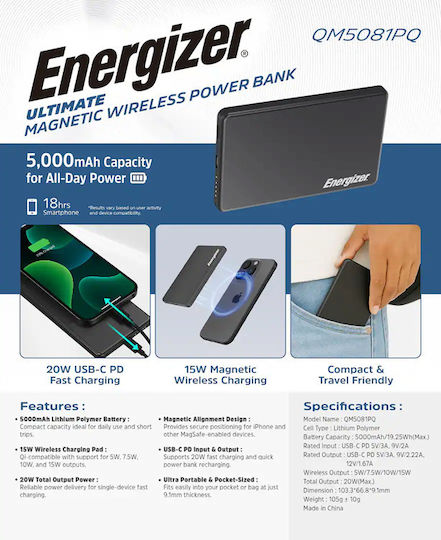 Energizer MagSafe Qi2 Power Bank 5000mAh 20W mit USB-C Ausgangsanschlüsse Power Delivery Schwarz