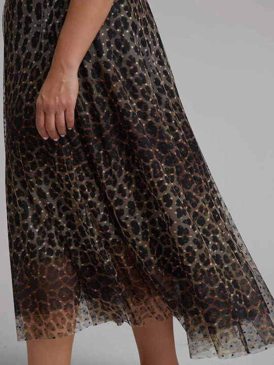 Плисе Висока Талия Midi Дамска Пола Леопардов Leopard