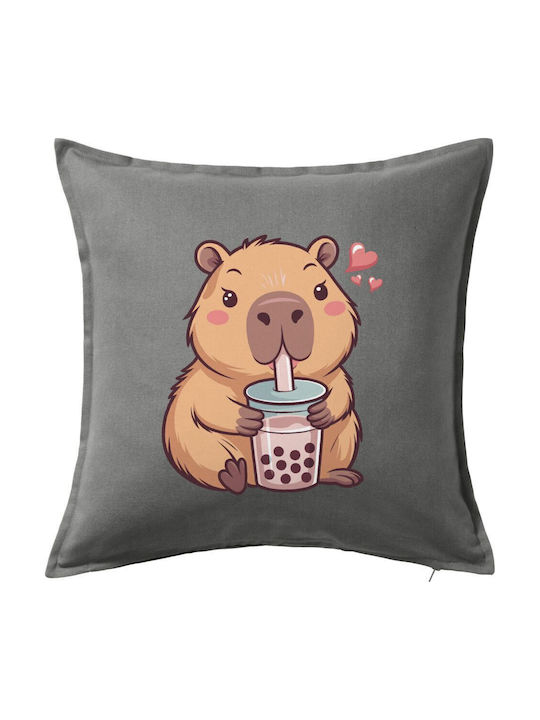 Capybara Bubble Tea Kids Throw Pillow Sofa Gray 100% Cotton Includes Filling 50x50cm